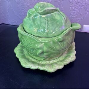 Green Cabbage Ceramic Bowl with Lid and Plate Vintage Holland Mold Tureen